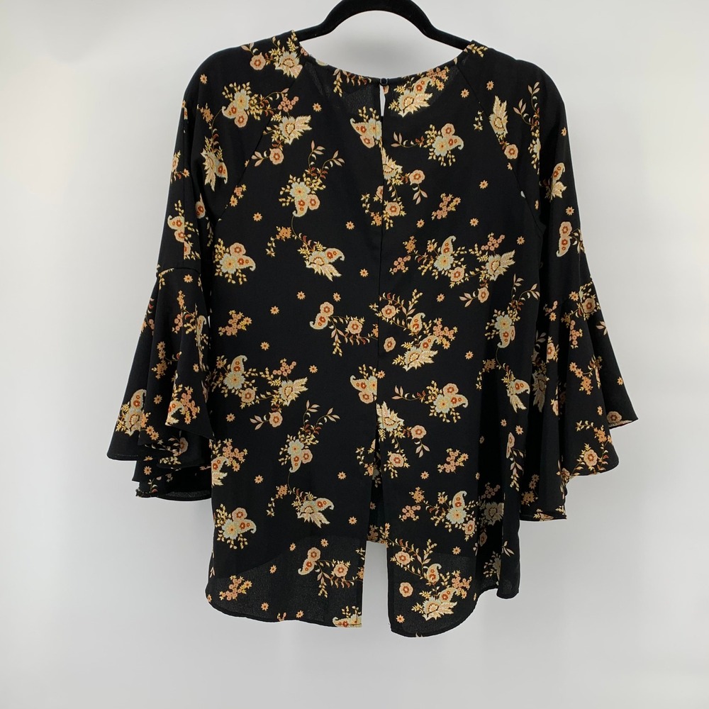 Boho Black Floral Bell Sleeve Top Split Back Chic Blouse Women's Small